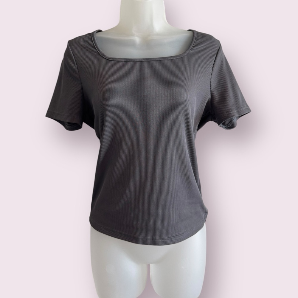 SHEIN Ribbed Square Neck Top Short Sleeve Gray Fitted Tee Size L